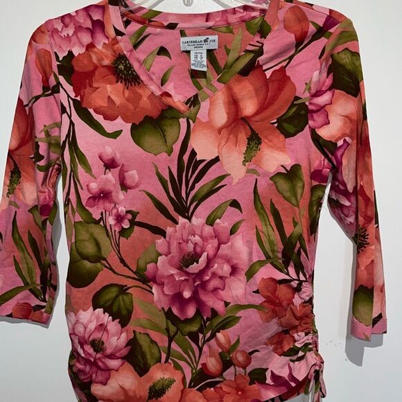 Caribbean Joe Women's Multicolor Floral V-Neck 3/4 Sleeve Blouse Petite Small - Picture 3 of 10
